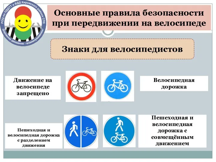 Основные правила безопасности при передвижении на велосипеде Знаки для велосипедистов Движение на