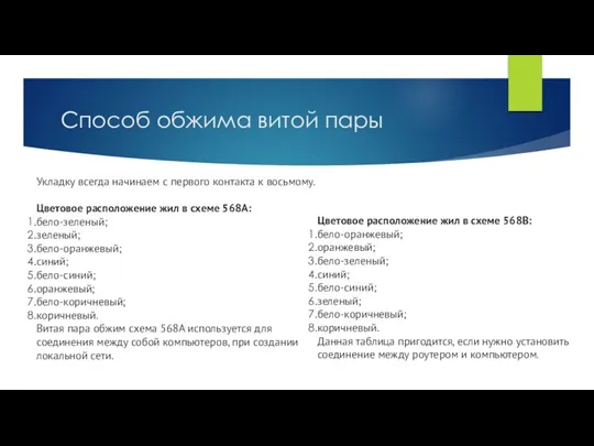 Способ обжима витой пары Укладку всегда начинаем с первого контакта к восьмому.