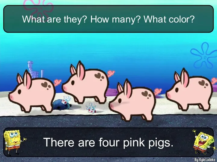 There are four pink pigs. What are they? How many? What color?