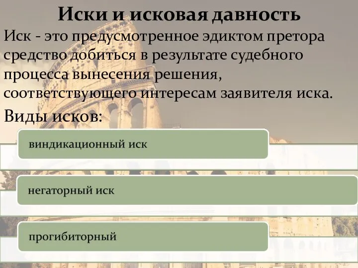 Иски и исковая давность Иск - это предусмотренное эдиктом претора средство добиться