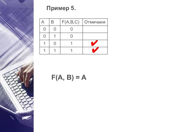 Пример 5. ✔ F(A, B) = A ✔