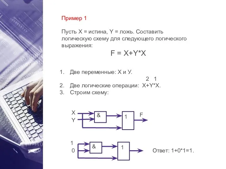 Пример 1 Пусть X = истина, Y = ложь. Составить логическую схему