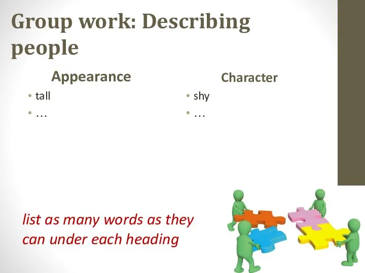 Group work: Describing people Appearance tall … Character shy … list as