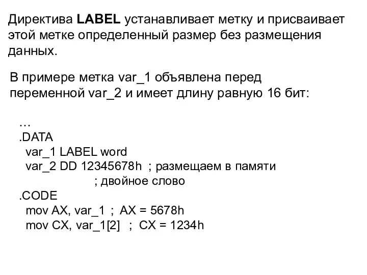 Директива LABEL устанавливает метку и присваивает этой метке определенный размер без размещения