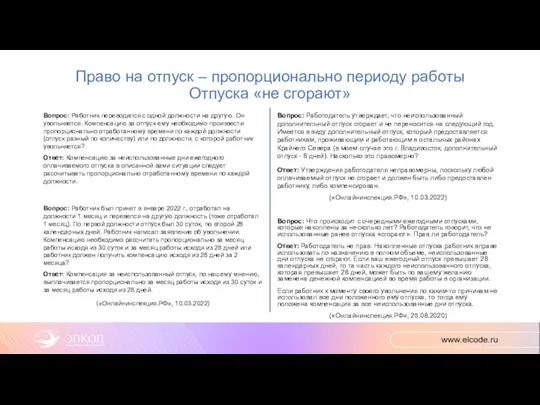 Право на отпуск – пропорционально периоду работы Отпуска «не сгорают» Вопрос: Работник