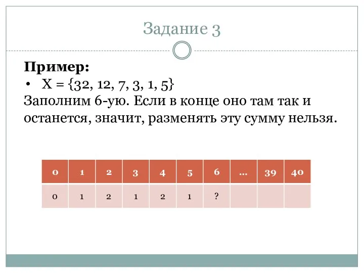 Задание 3 Пример: X = {32, 12, 7, 3, 1, 5} Заполним