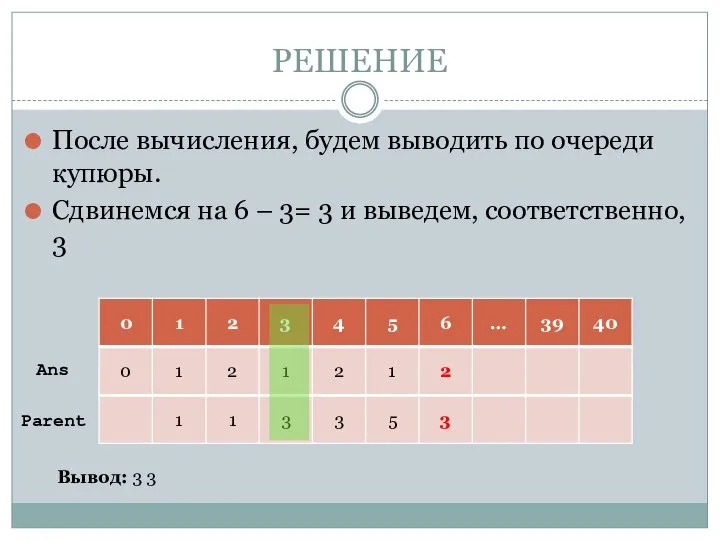 РЕШЕНИЕ После вычисления, будем выводить по очереди купюры. Сдвинемся на 6 –