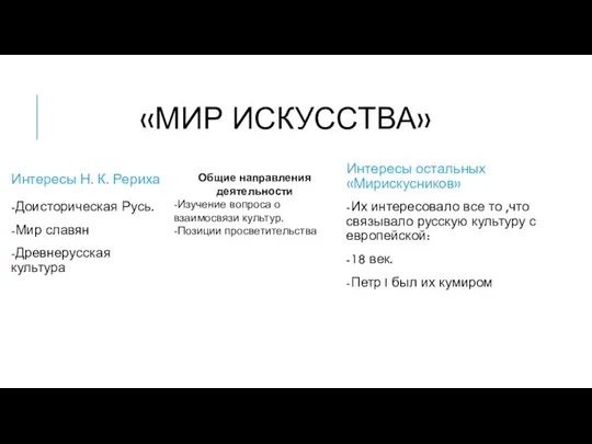 «МИР ИСКУССТВА» Интересы Н. К. Рериха -Доисторическая Русь. -Мир славян -Древнерусская культура