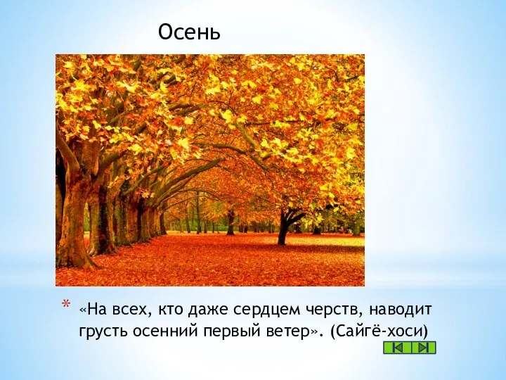 «На всех, кто даже сердцем черств, наводит грусть осенний первый ветер». (Сайгё-хоси) Осень