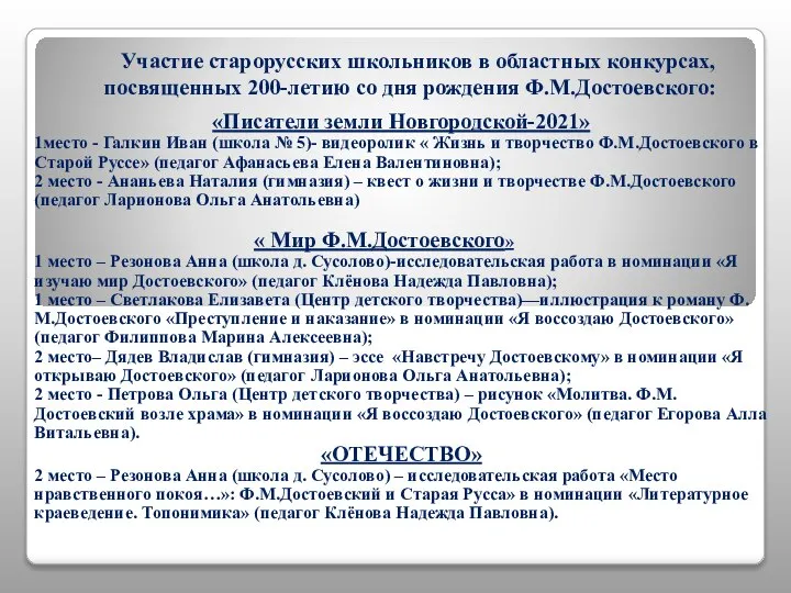 Участие старорусских школьников в областных конкурсах, посвященных 200-летию со дня рождения Ф.М.Достоевского: