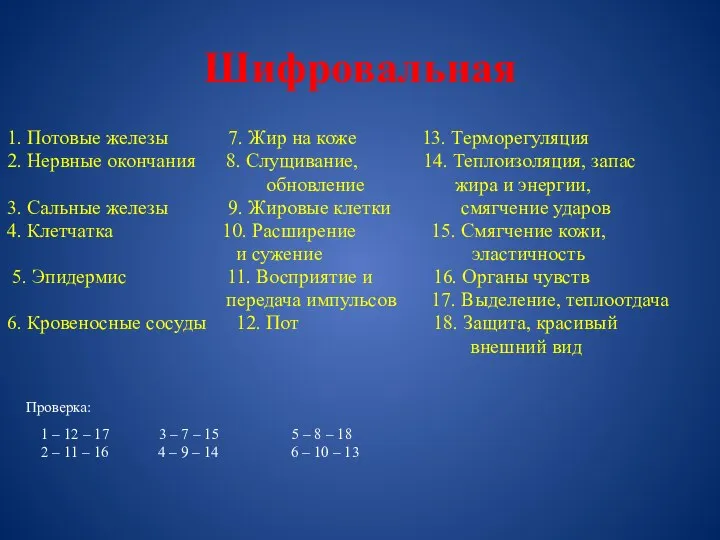 Шифровальная 1. Потовые железы 7. Жир на коже 13. Терморегуляция 2. Нервные