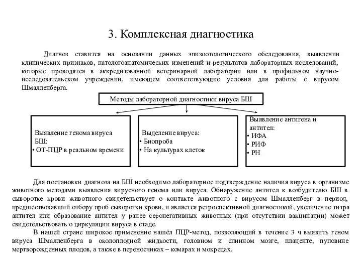 3. Комплексная диагностика Диагноз ставится на основании данных эпизоотологического обследования, выявлении клинических