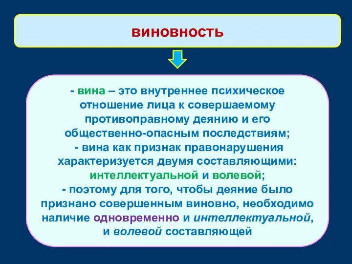 - вина – это внутреннее психическое отношение лица к совершаемому противоправному деянию