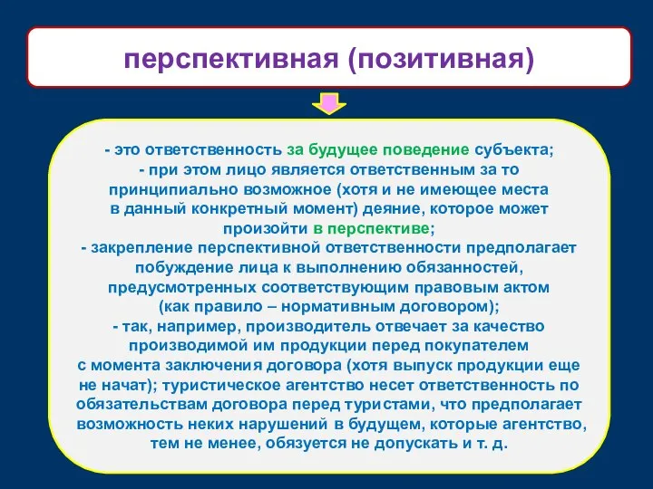 - это ответственность за будущее поведение субъекта; - при этом лицо является