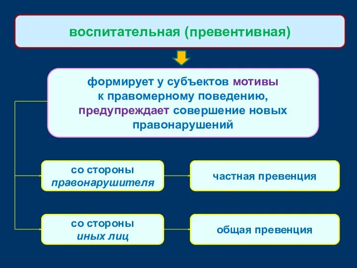 формирует у субъектов мотивы к правомерному поведению, предупреждает совершение новых правонарушений воспитательная