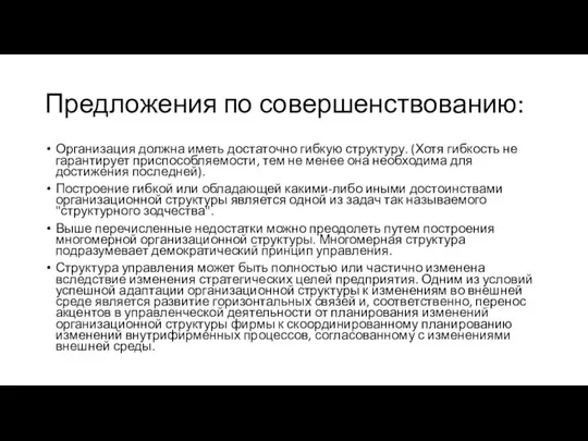 Предложения по совершенствованию: Организация должна иметь достаточно гибкую структуру. (Хотя гибкость не