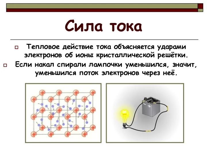 Сила тока Тепловое действие тока объясняется ударами электронов об ионы кристаллической решётки.