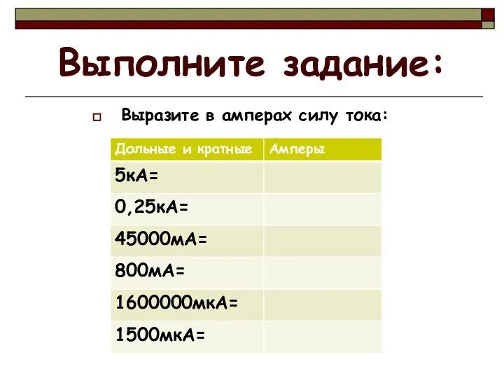 Выполните задание: Выразите в амперах силу тока: