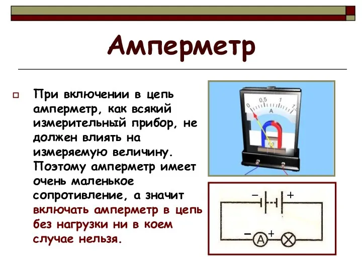 Амперметр При включении в цепь амперметр, как всякий измерительный прибор, не должен