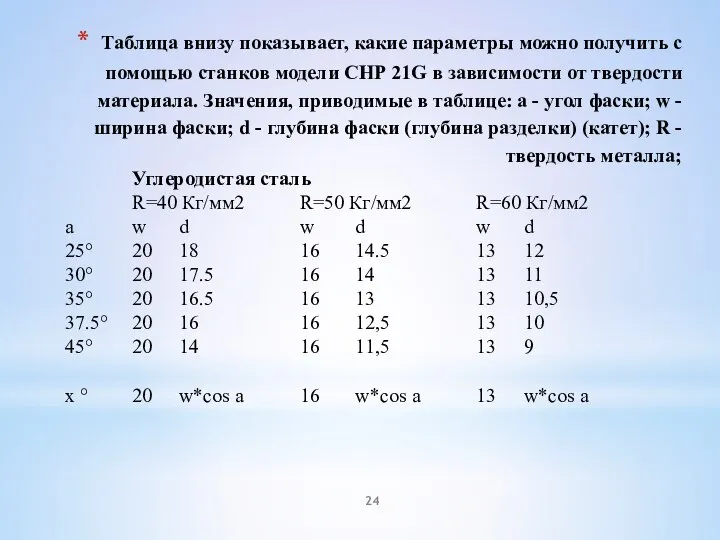 Таблица внизу показывает, какие параметры можно получить с помощью станков модели СНР