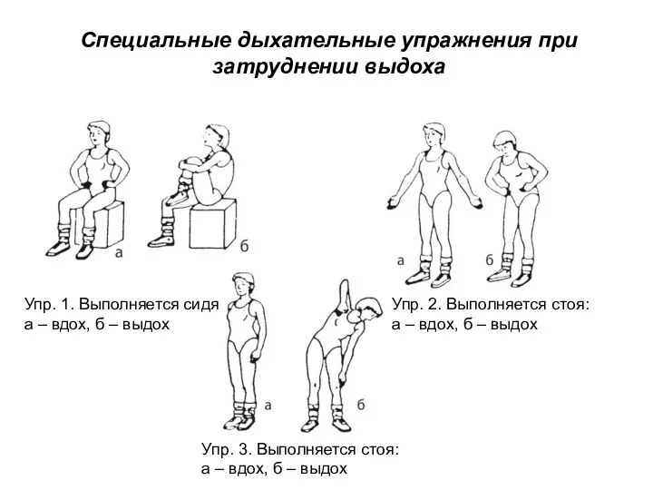 Специальные дыхательные упражнения при затруднении выдоха Упр. 1. Выполняется сидя: а –