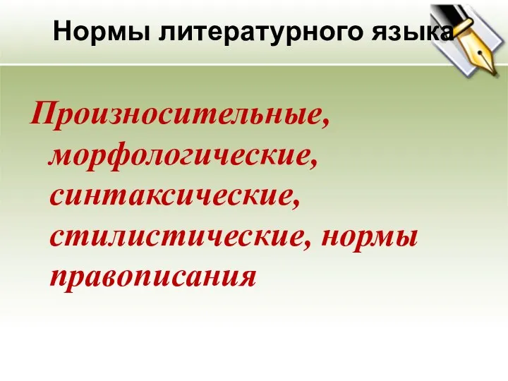 Нормы литературного языка Произносительные, морфологические, синтаксические, стилистические, нормы правописания