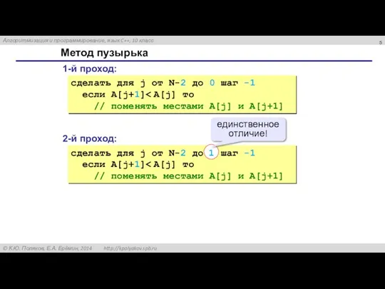 Метод пузырька 1-й проход: сделать для j от N-2 до 0 шаг