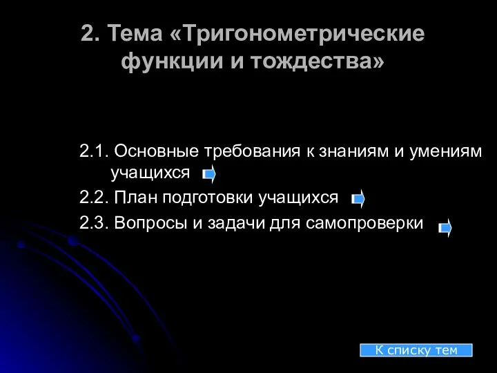 2. Тема «Тригонометрические функции и тождества» 2.1. Основные требования к знаниям и