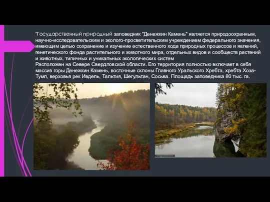 "Государственный природный заповедник "Денежкин Камень" является природоохранным, научно-исследовательским и эколого-просветительским учреждением федерального