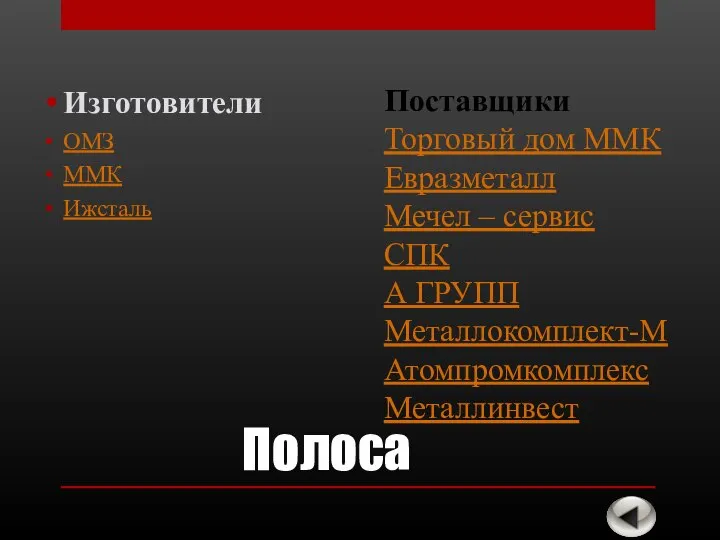 Полоса Изготовители ОМЗ ММК Ижсталь Поставщики Торговый дом ММК Евразметалл Мечел –