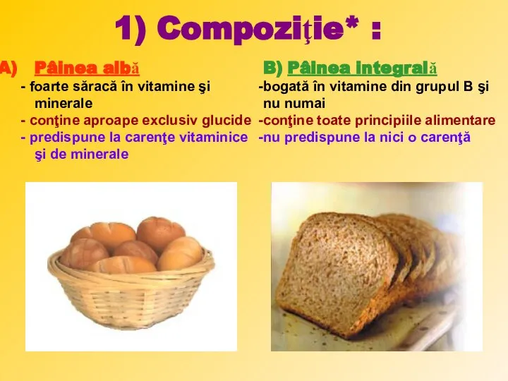 1) Compoziţie* : Pâinea albă - foarte săracă în vitamine şi minerale