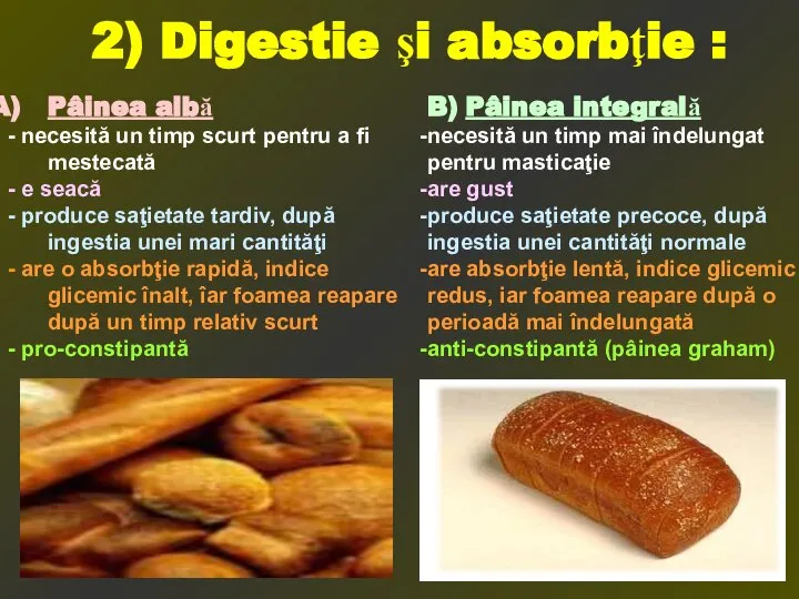 2) Digestie şi absorbţie : Pâinea albă - necesită un timp scurt