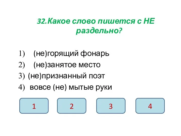 32.Какое слово пишется с НЕ раздельно? (не)горящий фонарь (не)занятое место (не)признанный поэт