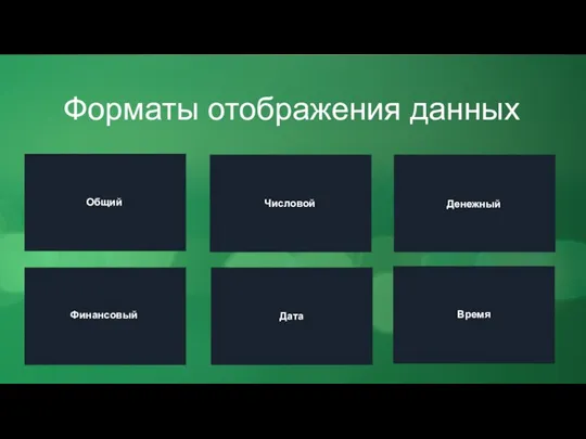 Форматы отображения данных Общий Числовой Денежный Финансовый Дата Время