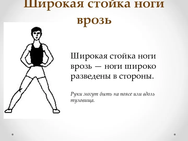 Широкая стойка ноги врозь Широкая стойка ноги врозь — ноги широко разведены