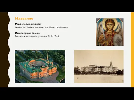 Михайловский замок: Архангел Михаил, покровитель семьи Романовых Инженерный замок: Главное инженерное училище (с 1819 г.) Название