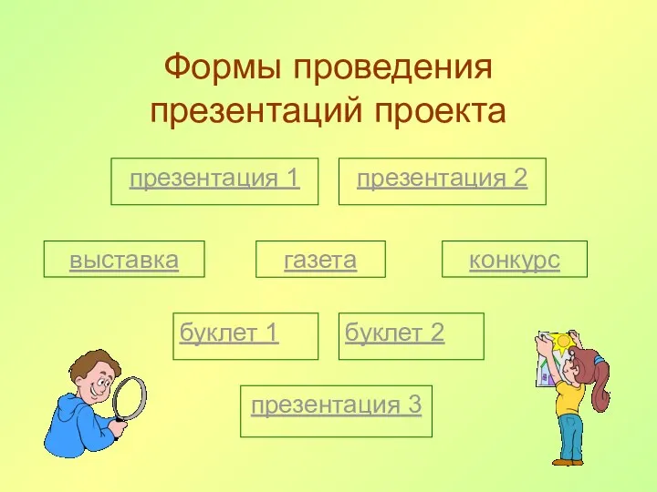 Формы проведения презентаций проекта выставка конкурс газета буклет 1 презентация 1 буклет