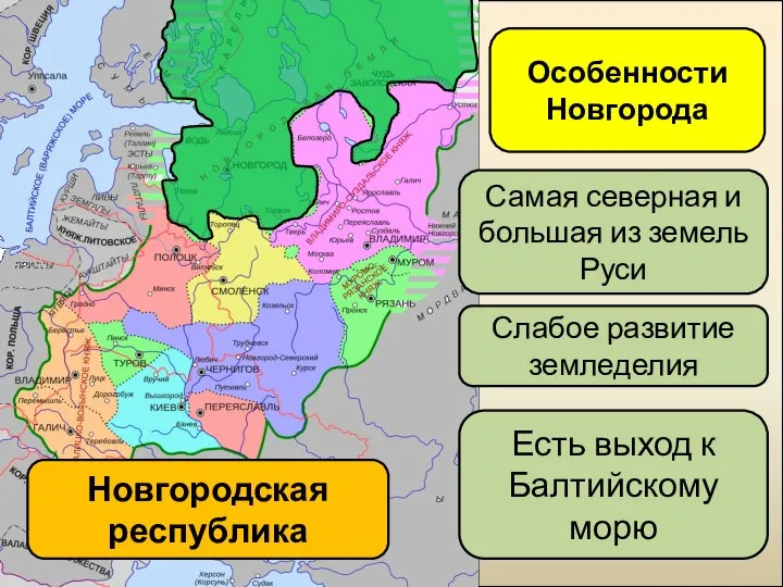 Особенности Новгорода Самая северная и большая из земель Руси Есть выход к