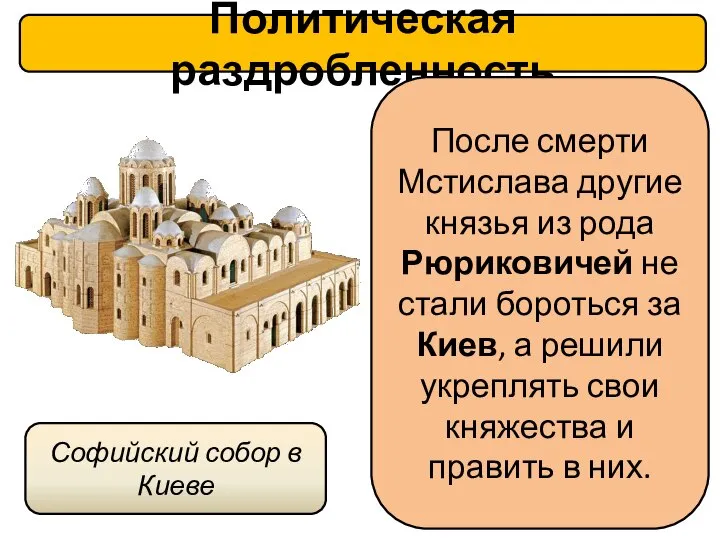 Политическая раздробленность После смерти Мстислава другие князья из рода Рюриковичей не стали