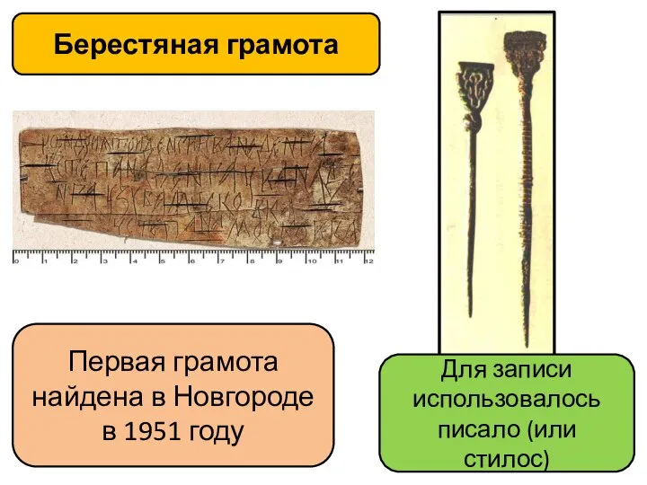 Берестяная грамота Первая грамота найдена в Новгороде в 1951 году Для записи использовалось писало (или стилос)