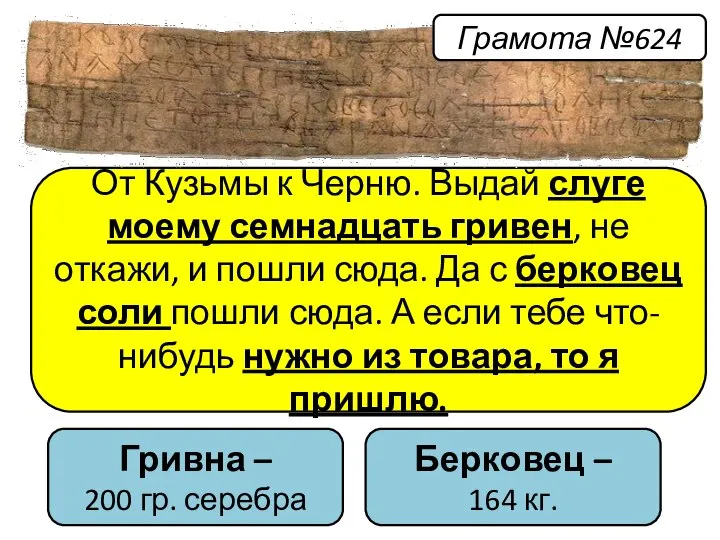 Гривна – 200 гр. серебра Берковец – 164 кг. От Кузьмы к