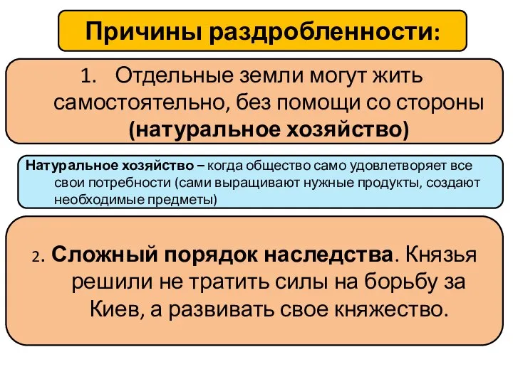 Отдельные земли могут жить самостоятельно, без помощи со стороны (натуральное хозяйство) Причины