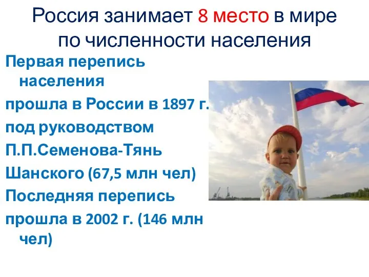 Россия занимает 8 место в мире по численности населения Первая перепись населения