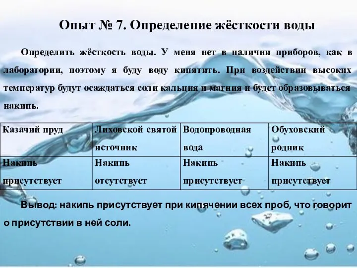 Опыт № 7. Определение жёсткости воды Определить жёсткость воды. У меня нет