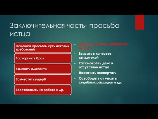 Заключительная часть- просьба истца Дополнительные требования истца: Вызвать в качестве свидетелей Рассмотреть