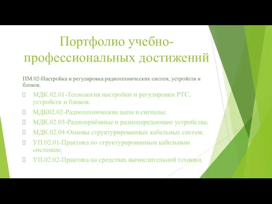 Портфолио учебно-профессиональных достижений ПМ.02-Настройка и регулировка радиотехнических систем, устройств и блоков. МДК.02.01-Технология