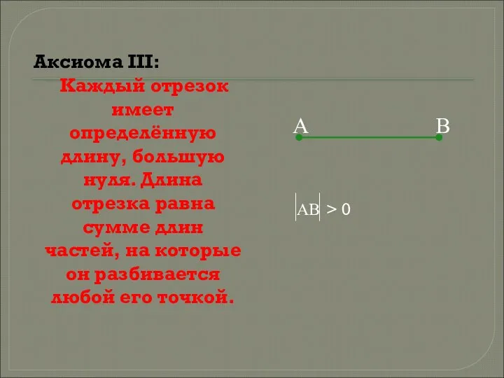 Аксиома III: Каждый отрезок имеет определённую длину, большую нуля. Длина отрезка равна