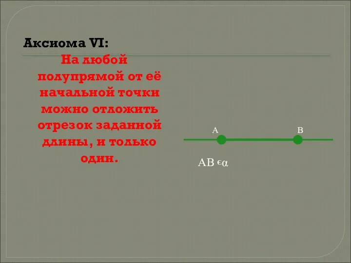 Аксиома VI: На любой полупрямой от её начальной точки можно отложить отрезок