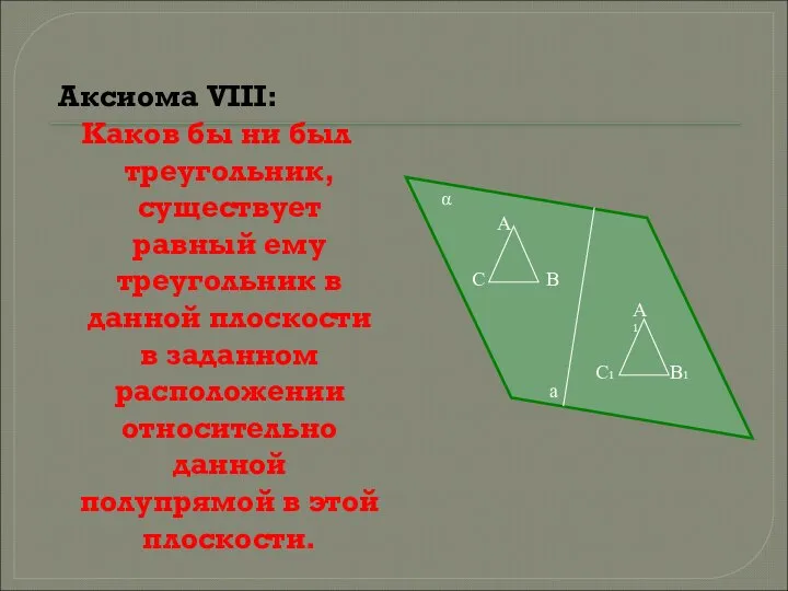 Аксиома VIII: Каков бы ни был треугольник, существует равный ему треугольник в
