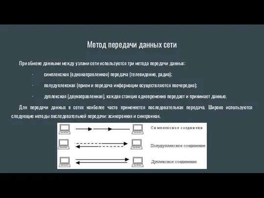 Метод передачи данных сети При обмене данными между узлами сети используются три